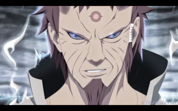 HD PC desktop wallpaper featuring an intense close-up of Hagoromo Ōtsutsuki from the anime Naruto, highlighting his distinctive facial features and piercing eyes.