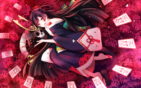 HD anime desktop wallpaper featuring a character from Onmyoji, surrounded by glowing talisman cards and vibrant red foliage in a mystical setting.