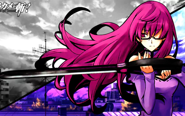 HD anime desktop wallpaper featuring Sheele from Akame ga Kill! wielding a large weapon against a dynamic urban background.