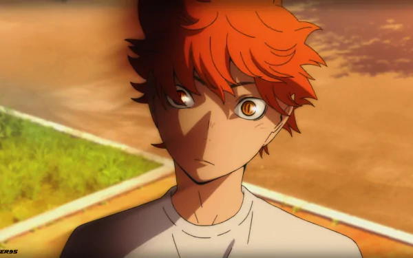 HD desktop wallpaper featuring Shōyō Hinata from the anime Haikyū!!. The background shows an outdoor scene with some grass and pavement.