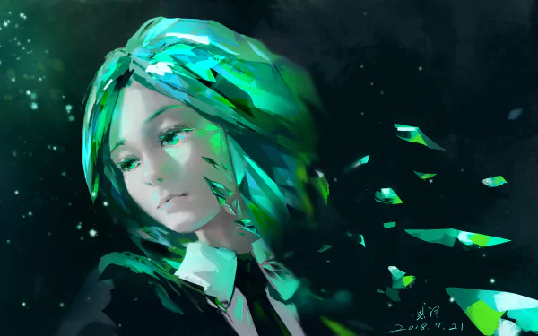 4K Ultra HD anime wallpaper featuring Phosphophyllite from Land of the Lustrous, showcasing vibrant green crystalline hair and a serene expression against a dark background.