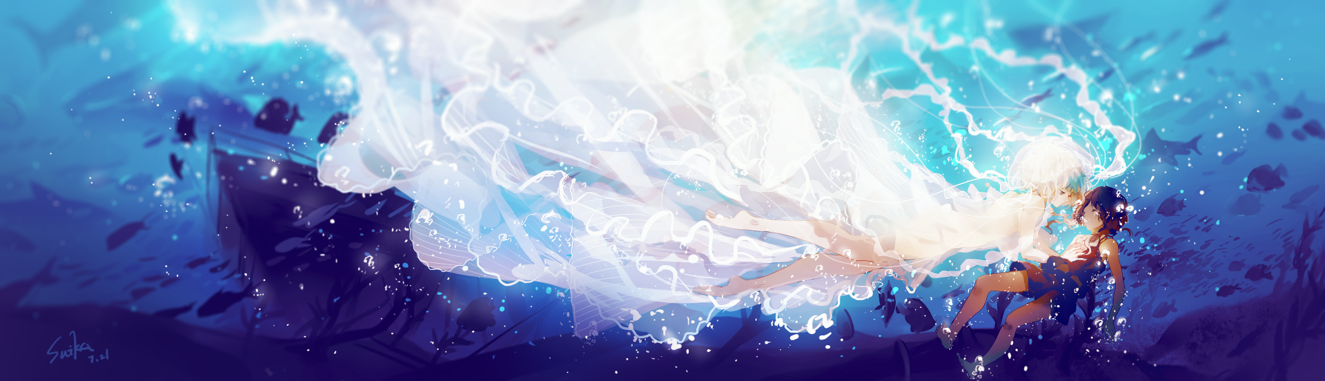 HD anime desktop wallpaper featuring a boat on shimmering water with white and brown short hair flowing, accompanied by subtle fish silhouettes in a serene original scene.