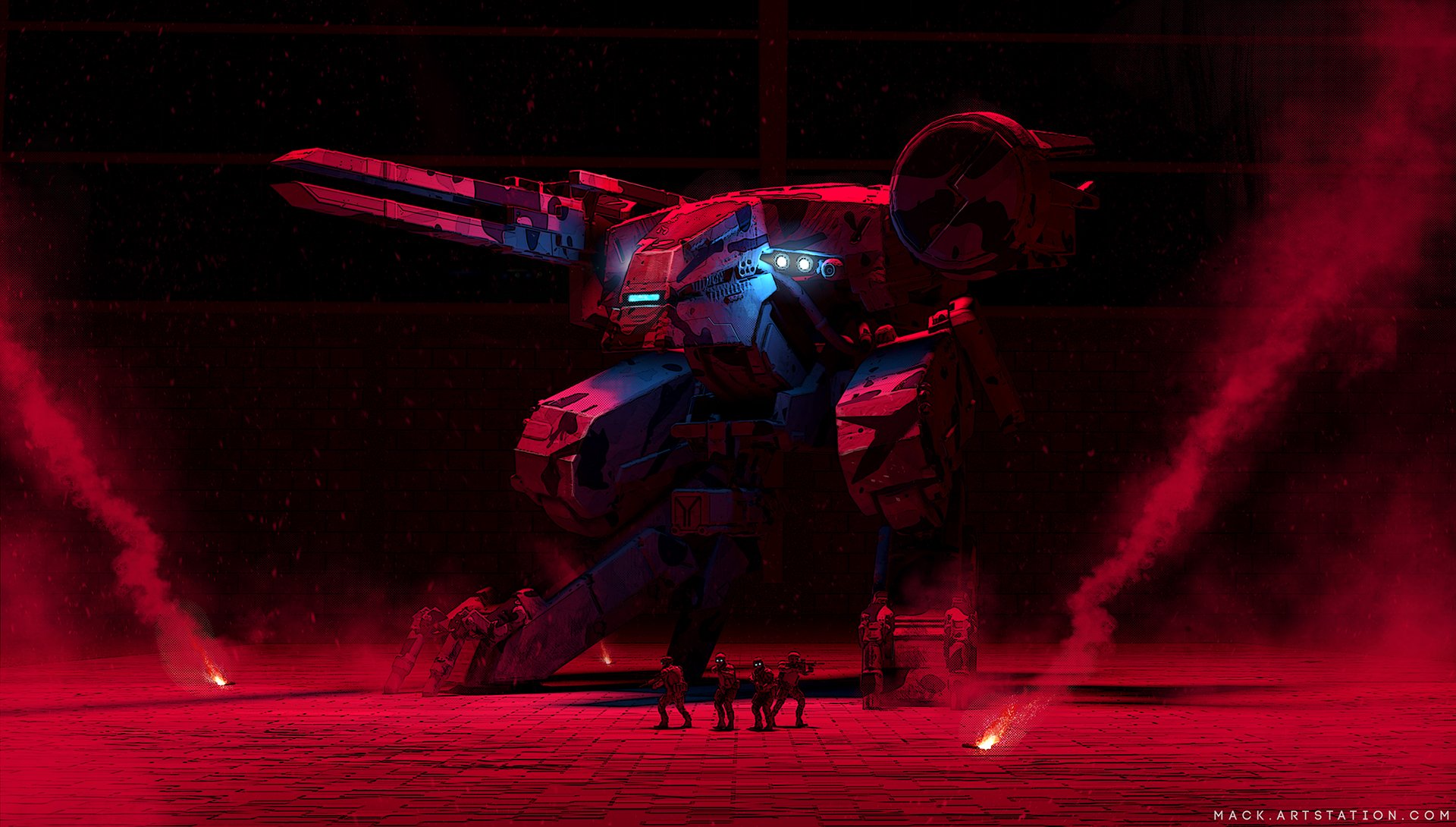 HD PC desktop wallpaper depicting a sci-fi robot soldier illuminated by red lights, standing amidst smoke and small figures, creating a dramatic futuristic battlefield scene.