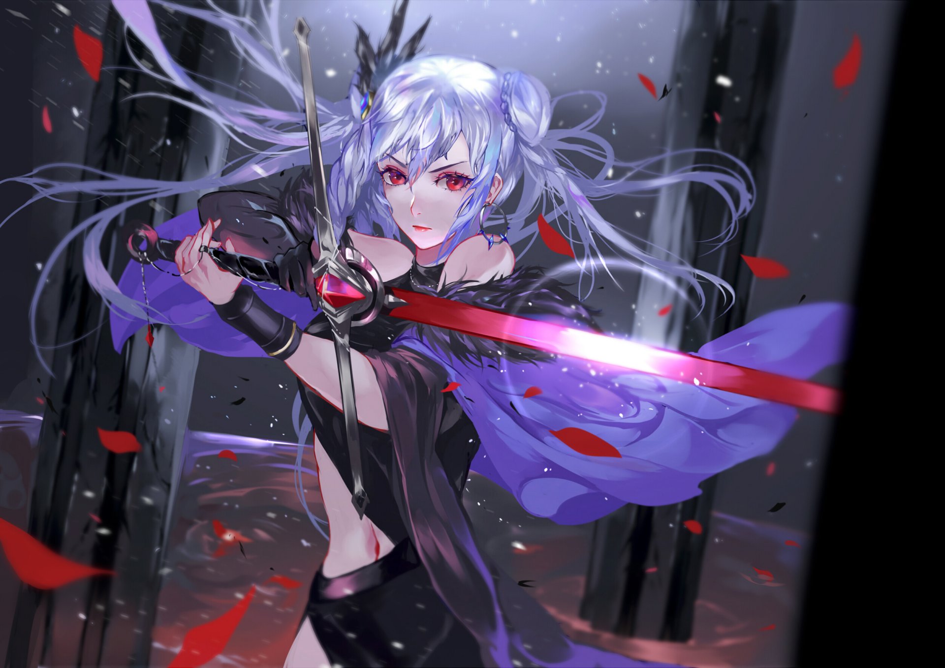 Anime-style original character with long grey hair in a braid and striking red eyes, wielding a glowing sword amidst a dark, ethereal forest background.