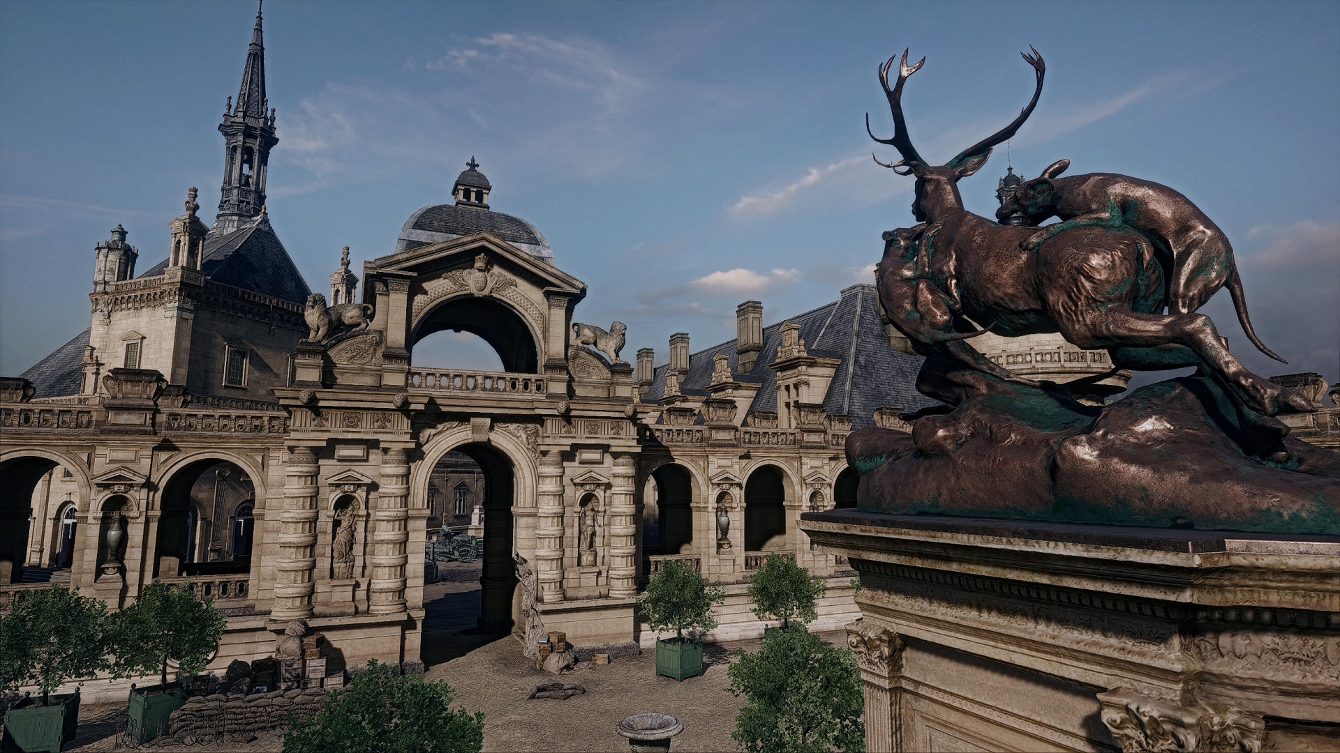 HD PC desktop wallpaper featuring a detailed statue and historic architecture from the video game Battlefield 1, capturing the game's immersive World War I setting.