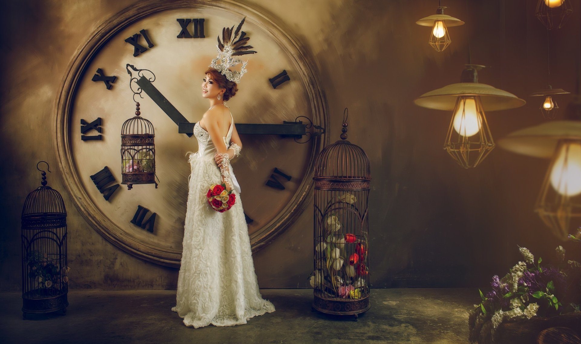HD desktop wallpaper of a woman model in a white wedding dress and crown, holding a bouquet before a giant clock surrounded by ornate birdcages; White Dwarf themed.