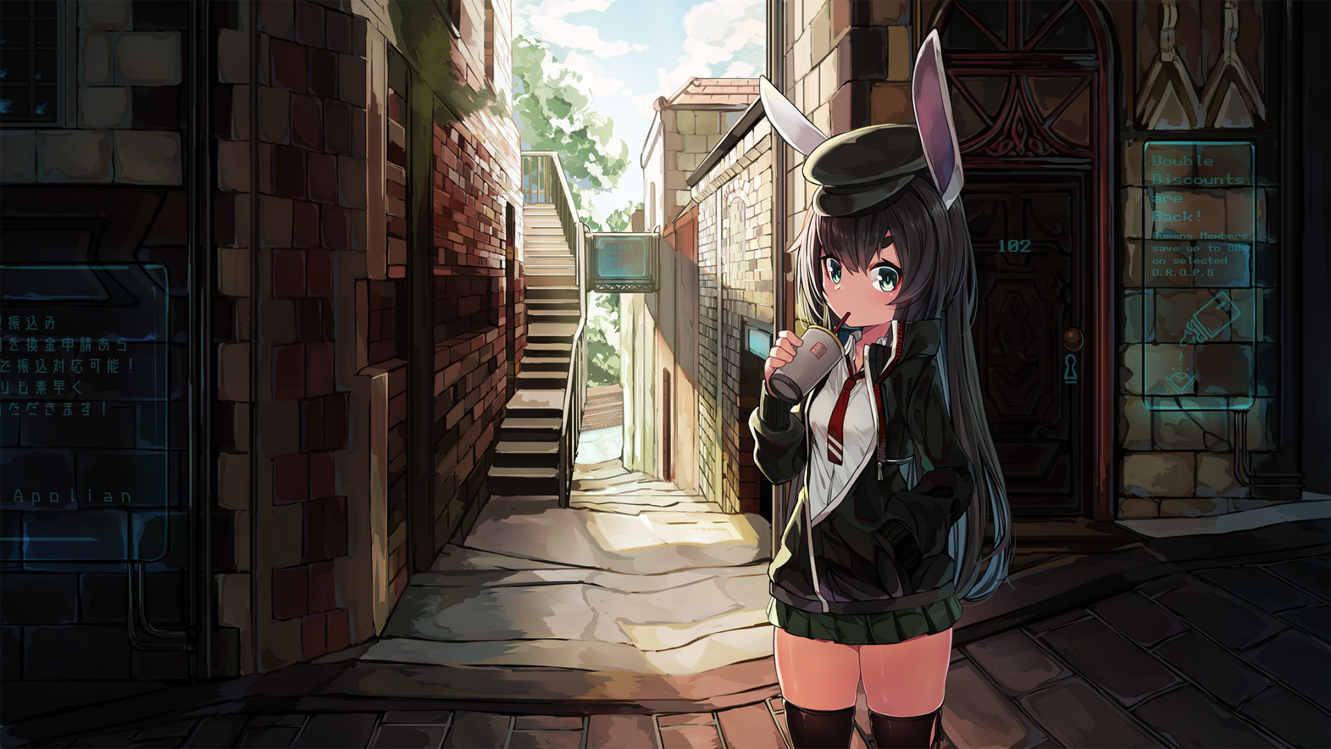 Anime girl with long black hair, green eyes, bunny ears, and a cap, standing in a sunlit alley. She wears a tie, thigh highs, and a skirt. The background depicts an HD detailed street scene.