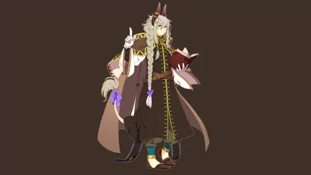 Anime-style original character with white hair, blue eyes, and horns, dressed in detailed robes, holding an open book against a dark background, HD desktop wallpaper.