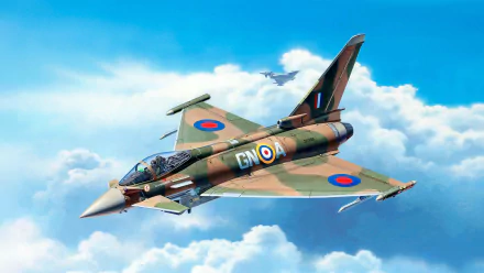 HD desktop wallpaper of a Eurofighter Typhoon jet fighter in military camouflage soaring above clouds with another warplane in the background.