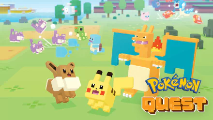 HD desktop wallpaper featuring block-style Pokémon characters from Pokémon Quest with a vibrant background.