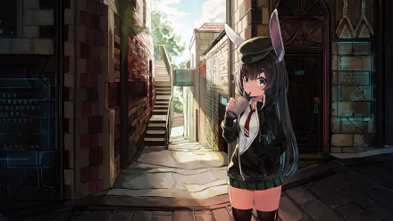 Anime girl with long black hair, green eyes, bunny ears, and a cap, standing in a sunlit alley. She wears a tie, thigh highs, and a skirt. The background depicts an HD detailed street scene.