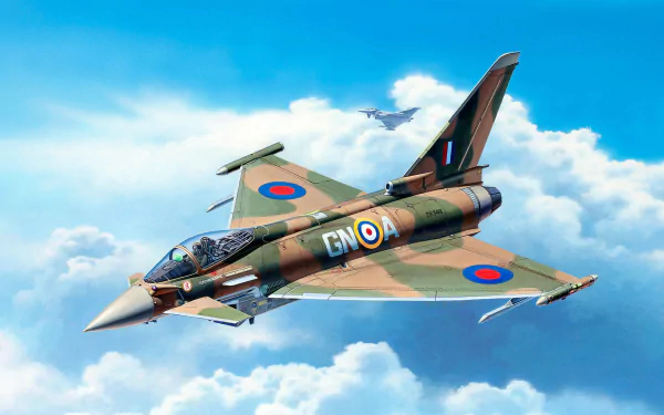 HD desktop wallpaper of a Eurofighter Typhoon jet fighter in military camouflage soaring above clouds with another warplane in the background.