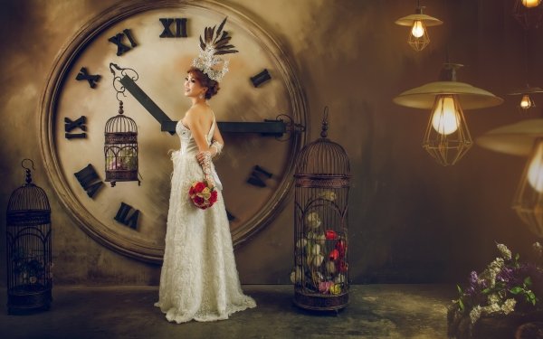 Women Asian Model Wedding Dress White Dwarf Crown Birdcage Clock HD Wallpaper | Background Image