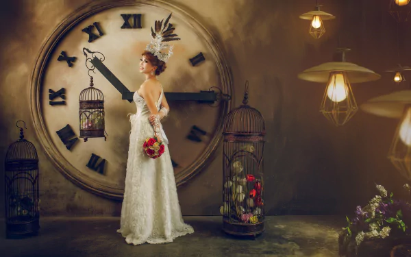 HD desktop wallpaper of a woman model in a white wedding dress and crown, holding a bouquet before a giant clock surrounded by ornate birdcages; White Dwarf themed.