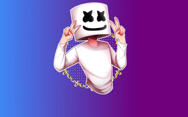 HD desktop wallpaper featuring Marshmello, a DJ, depicted with his iconic helmet making a peace sign, against a vibrant gradient background transitioning from blue to purple.