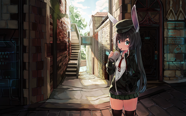 Anime Original Long Hair Bunny Ears Cap Black Hair Green Eyes Tie Hat Skirt Thigh Highs HD Wallpaper | Background Image