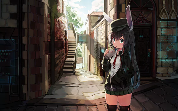 Anime girl with long black hair, green eyes, bunny ears, and a cap, standing in a sunlit alley. She wears a tie, thigh highs, and a skirt. The background depicts an HD detailed street scene.