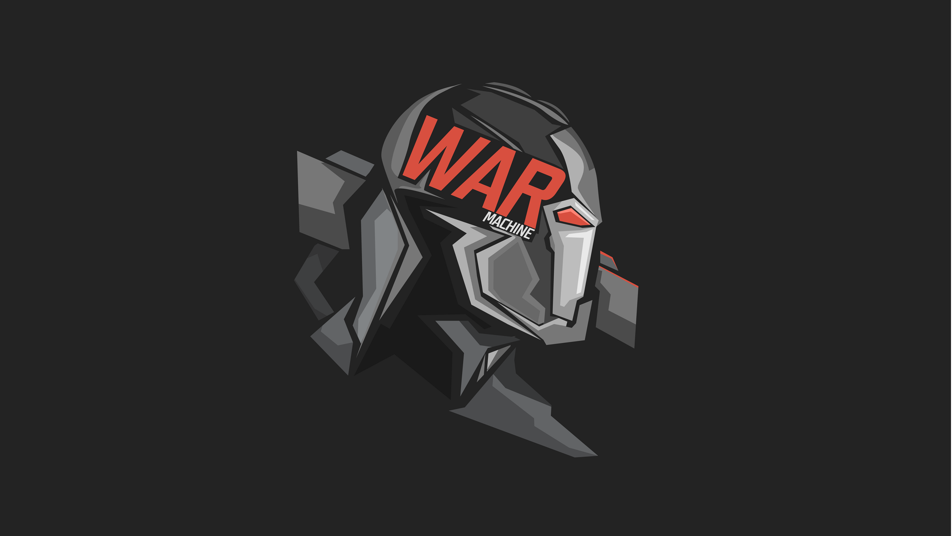 8K Ultra HD comic-style wallpaper of War Machine helmet with bold red WAR text on a sleek black background.
