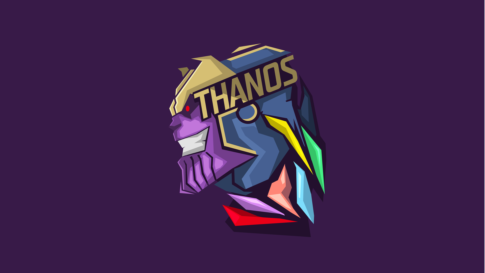 HD desktop wallpaper featuring a vibrant, geometric illustration of Thanos, the comic book character, set against a dark purple background.