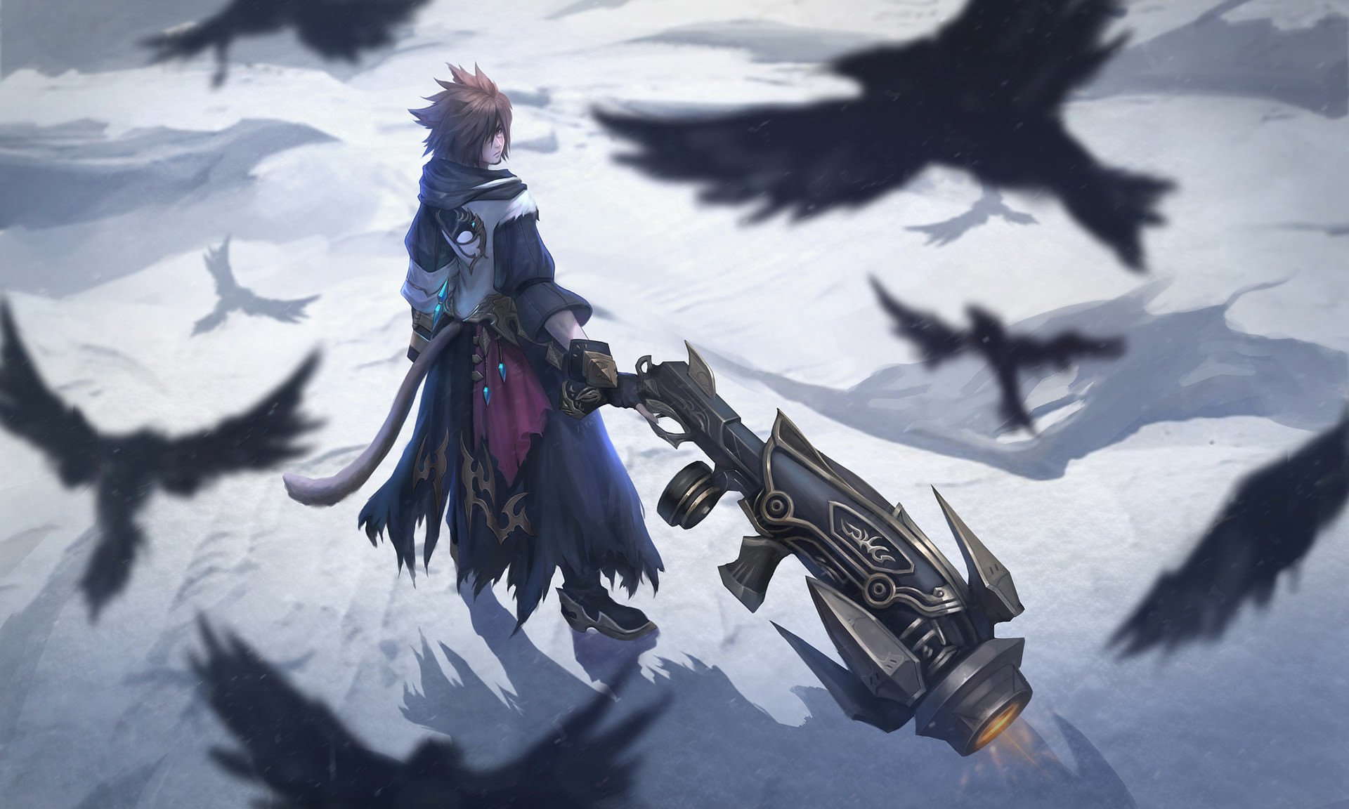 HD PC desktop wallpaper of a Kingdom Hearts video game hero standing on windswept snow, holding a massive keyblade as shadowy crows circle overhead.