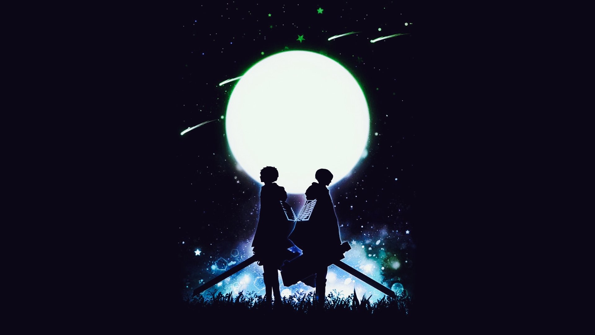 HD desktop wallpaper featuring Levi Ackerman and Eren Yeager from the anime 'Attack on Titan,' standing against a glowing full moon and starry night sky background.