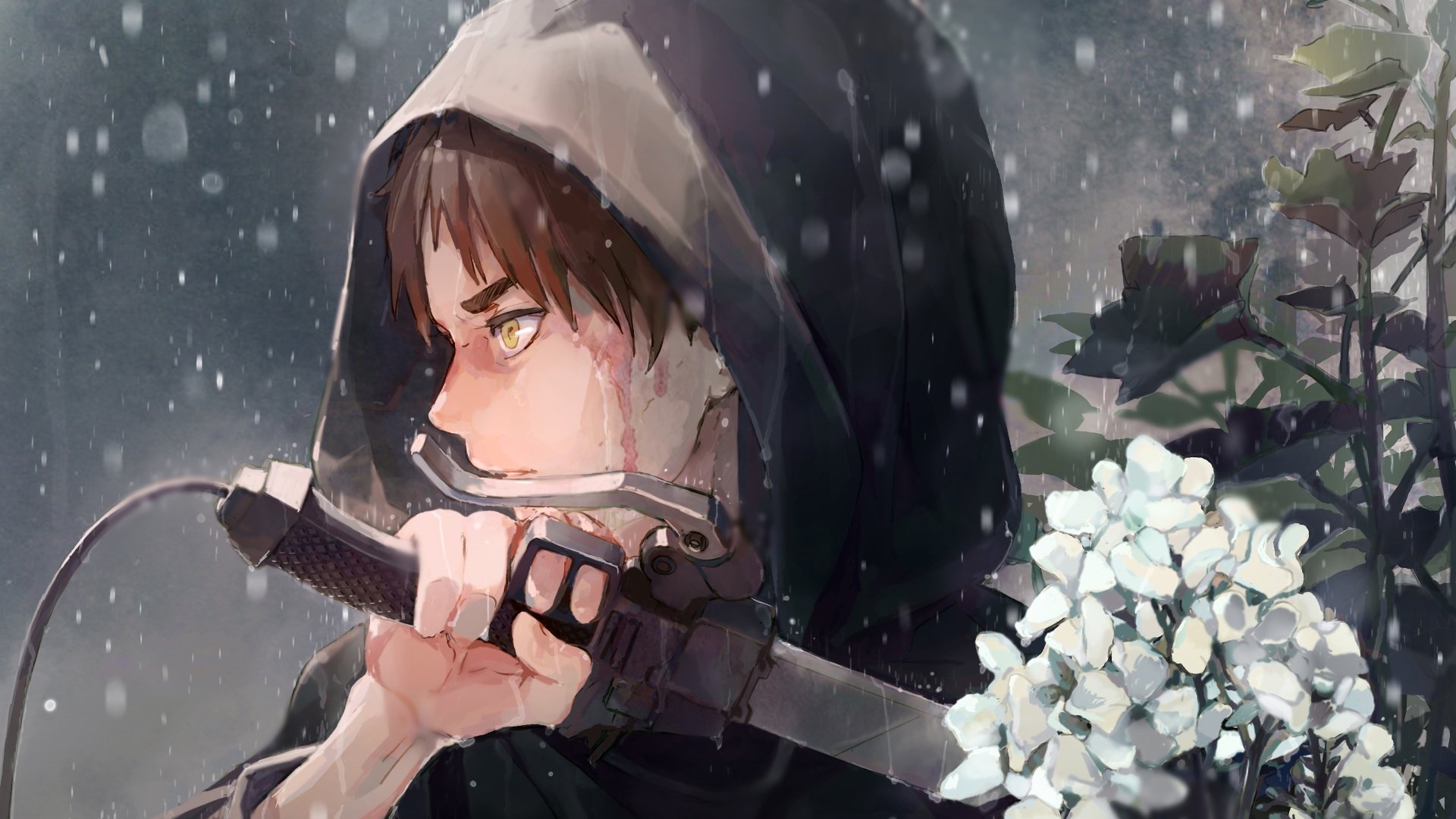 HD wallpaper of Eren Yeager from Attack on Titan, featuring yellow eyes and brown hair. He is holding a sword and wearing a hooded cloak, set against a background with white flowers and a snow-filled scene.