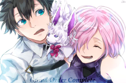 HD PC desktop wallpaper of Fujimaru Ritsuka (male) and Mashu Kyrielight smiling together with Fou, a white fox-like spirit, from Fate/Grand Order.