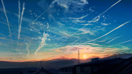 Anime-style sunrise with vibrant colors, contrails streaking across a clear sky. Tagged as Anime, Original. High-definition desktop wallpaper and background.