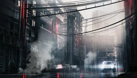 Anime-style cityscape in rain with cars on wet streets, featuring neon lights and dense urban buildings, rendered as an HD PC desktop wallpaper background.