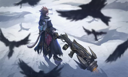 HD PC desktop wallpaper of a Kingdom Hearts video game hero standing on windswept snow, holding a massive keyblade as shadowy crows circle overhead.