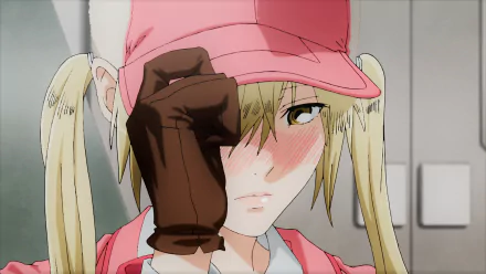 Anime-style HD desktop wallpaper featuring a close-up of a blonde female character from Cells at Work! adjusting her red cap with a gloved hand.