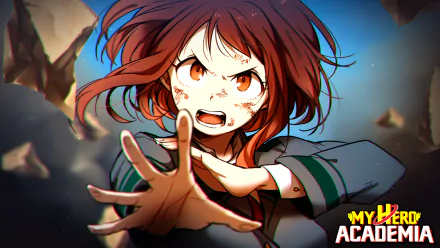 HD desktop wallpaper of Ochaco Uraraka from My Hero Academia, featuring her in uniform with short brown hair and brown eyes, reaching out dramatically.
