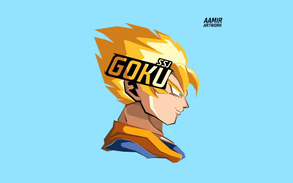Digital artwork of Goku from Dragon Ball Super in Super Saiyan form, styled for an 8K Ultra HD PC desktop wallpaper with bright colors and bold graphic design.