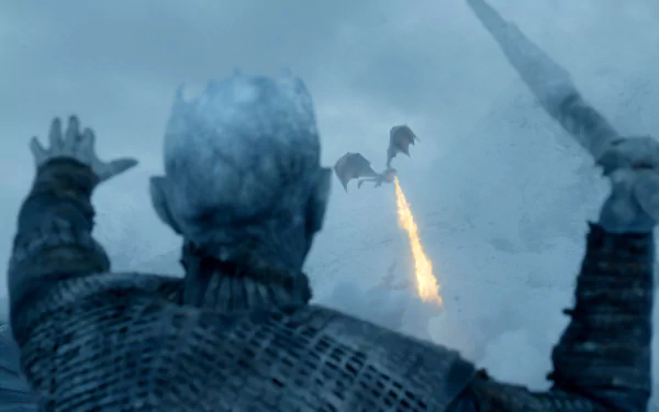 HD PC wallpaper of Night King and undead Viserion from the TV show Game of Thrones: Night King raises his hands as Viserion spews blue flame into a snowy, stormy sky.