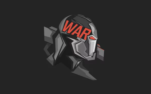 8K Ultra HD comic-style wallpaper of War Machine helmet with bold red WAR text on a sleek black background.