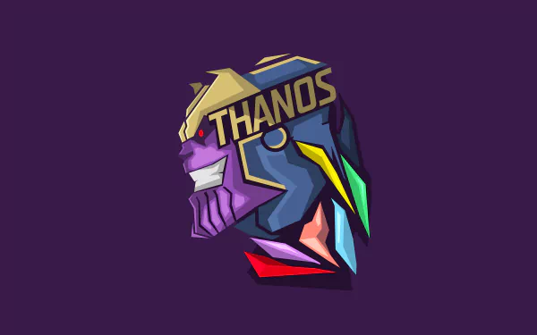 HD desktop wallpaper featuring a vibrant, geometric illustration of Thanos, the comic book character, set against a dark purple background.