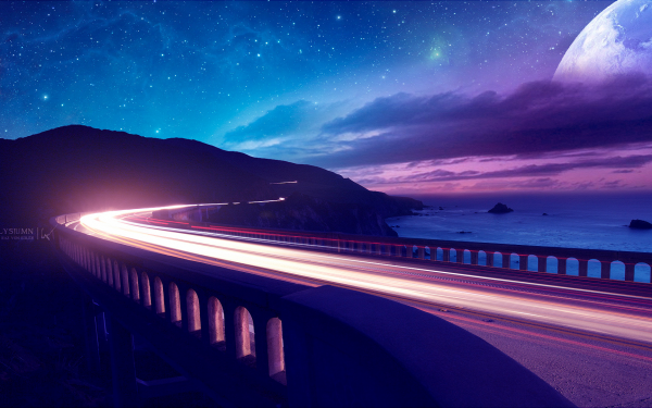 Artistic Fantasy Road Night Ocean Sea Moon Planet Sunset Star Time-Lapse HD Wallpaper | Background Image