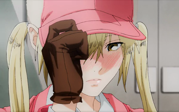 Anime-style HD desktop wallpaper featuring a close-up of a blonde female character from Cells at Work! adjusting her red cap with a gloved hand.
