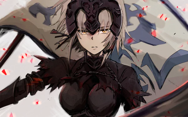 A high-definition desktop wallpaper featuring Jeanne d'Arc Alter from Fate/Grand Order, depicted in a dramatic and dynamic pose with a dark armor design and striking background elements.