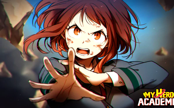 HD desktop wallpaper of Ochaco Uraraka from My Hero Academia, featuring her in uniform with short brown hair and brown eyes, reaching out dramatically.