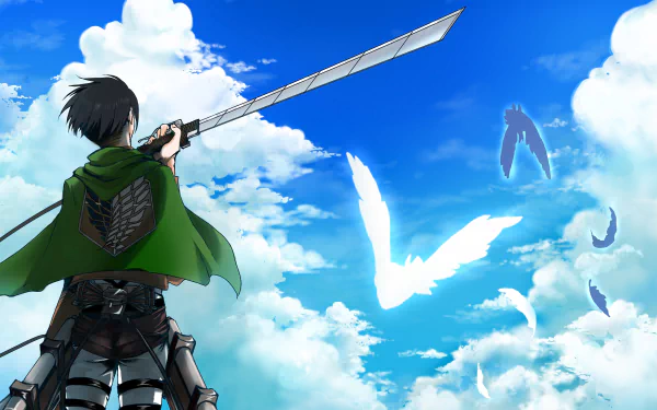 HD anime desktop wallpaper featuring Levi Ackerman from Attack on Titan, standing against a blue sky with white clouds, and holding a sword.
