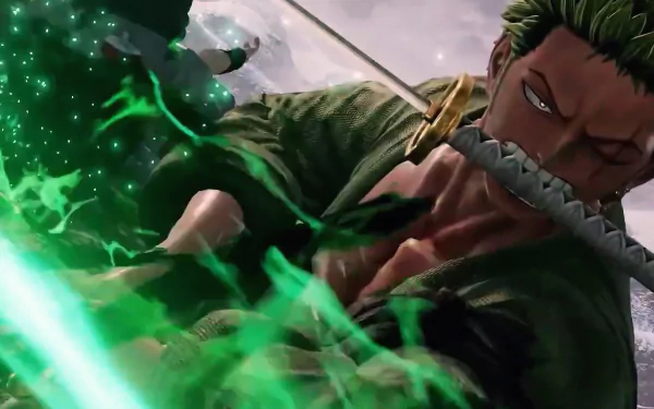 4K Ultra HD desktop wallpaper of Roronoa Zoro from the video game Jump Force, showcasing him wielding a glowing green sword in an intense action pose.