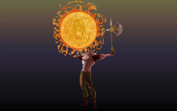 HD wallpaper featuring Escanor from The Seven Deadly Sins holding an axe with a radiant, fiery sun emblem in the background.