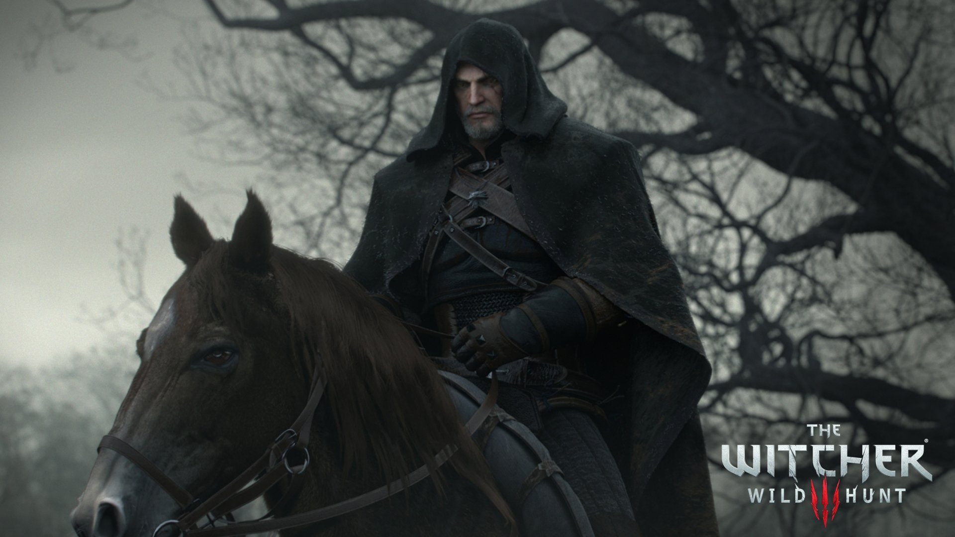 Geralt of Rivia from The Witcher 3: Wild Hunt rides a horse through a foggy forest in this HD desktop wallpaper. The game's logo is visible in the bottom right corner.