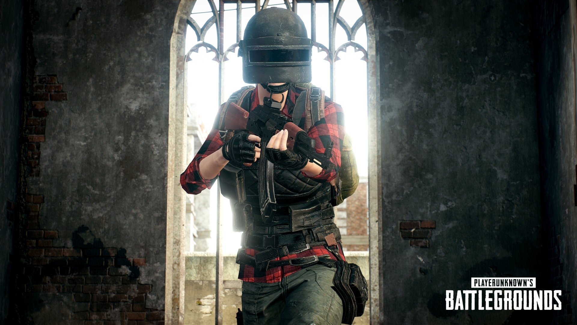 HD wallpaper of a Playerunknown's Battlegrounds game character, equipped with gear and aiming a gun, set in a dilapidated building with a large arched window.