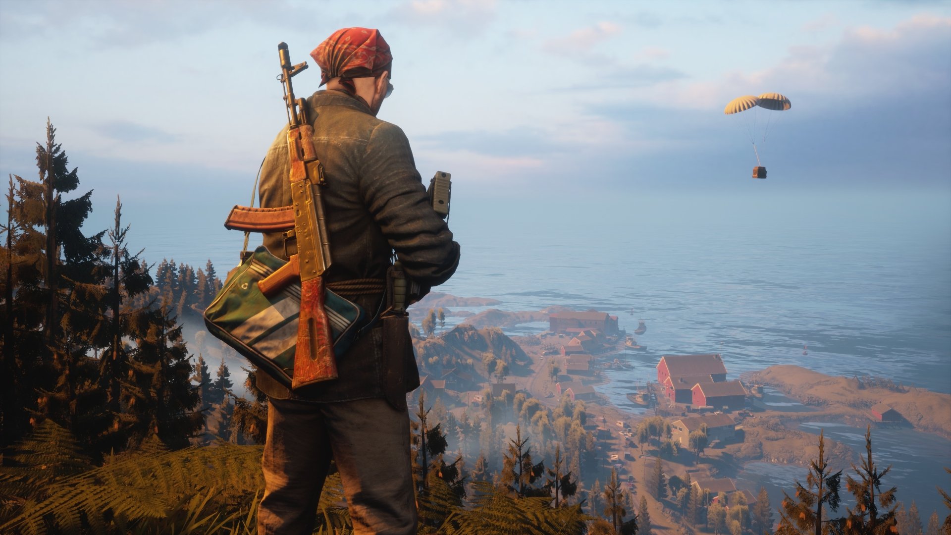 HD desktop wallpaper of a character from Vigor viewing a coastal landscape with a parachute descending in the background.