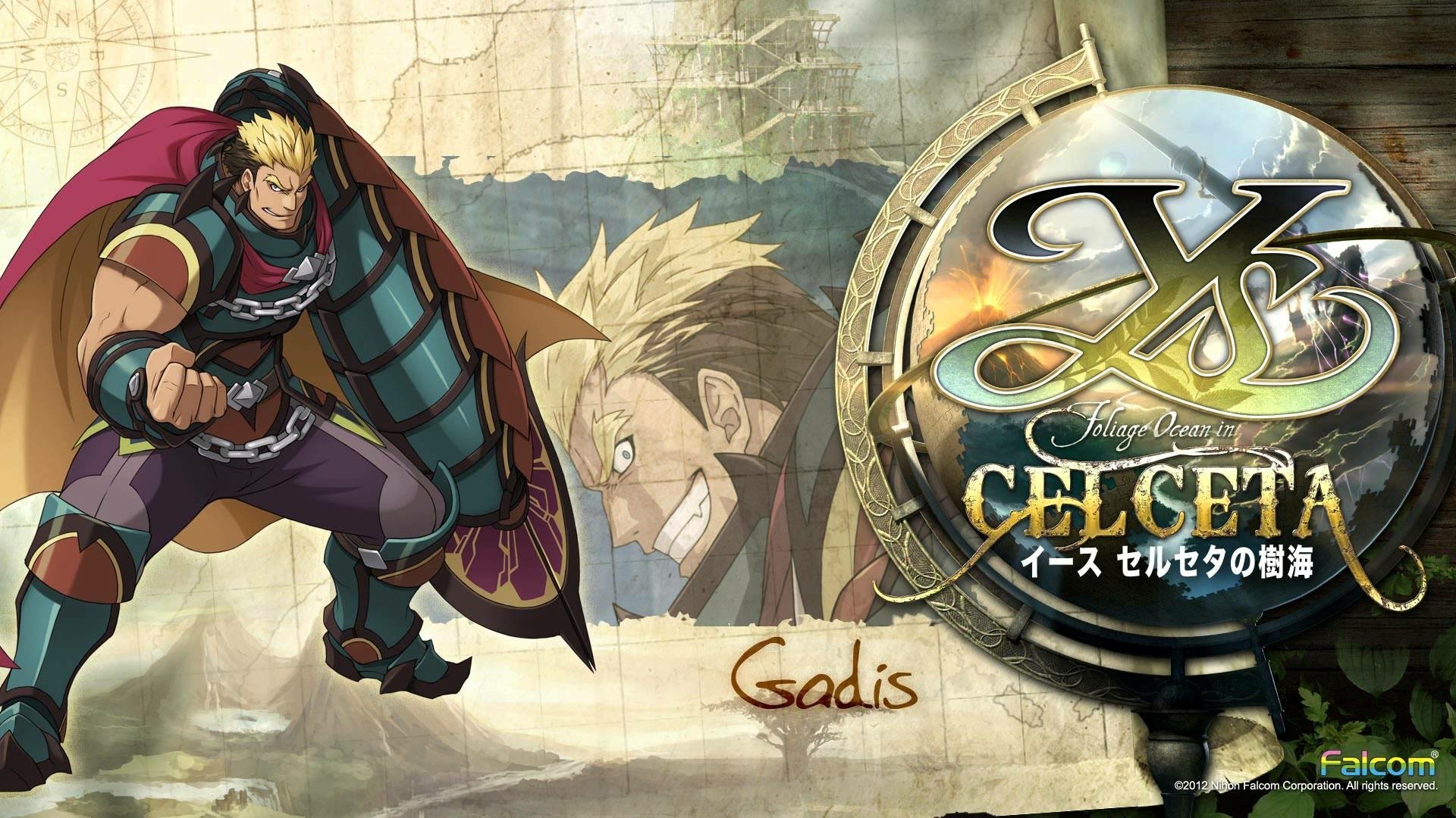 HD desktop wallpaper featuring a character from Ys: Memories of Celceta with the game's logo and artistic background.