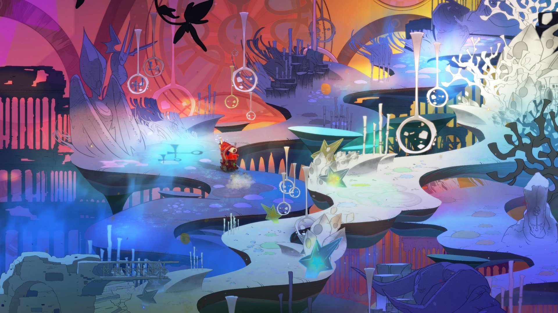 HD wallpaper of the game Pyre, featuring a vibrant, mystical landscape with fantastical symbols and ethereal figures.