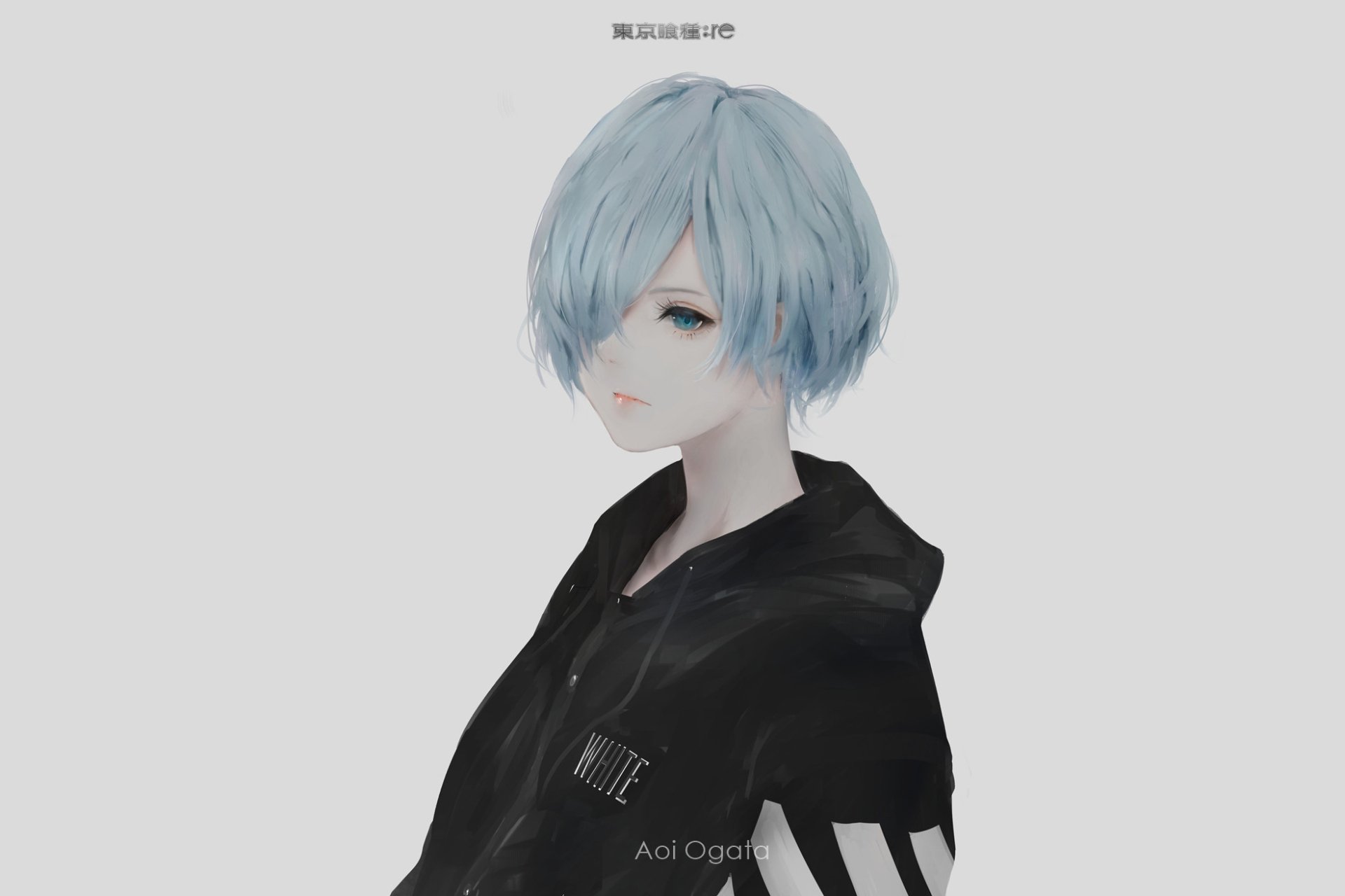 A high-definition desktop wallpaper featuring Touka Kirishima from Tokyo Ghoul:re, showcasing her distinctive blue hair and stylish black hoodie against a minimalist background.