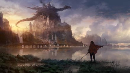 A fantasy HD wallpaper featuring a knight standing by a serene lake, gazing at a grand castle under the vigilant presence of a massive dragon perched atop the structure.